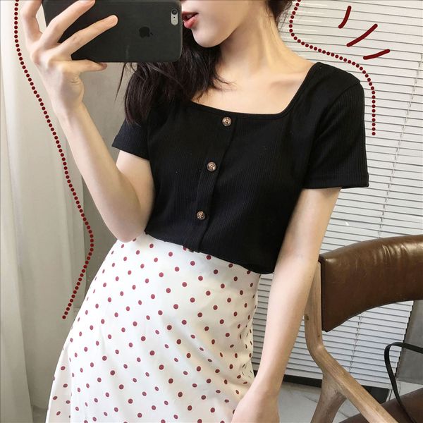 

square collar ins short-sleeved t-shirt women's summer clothes 2020 western style scheming niche short slim clavicle top, White