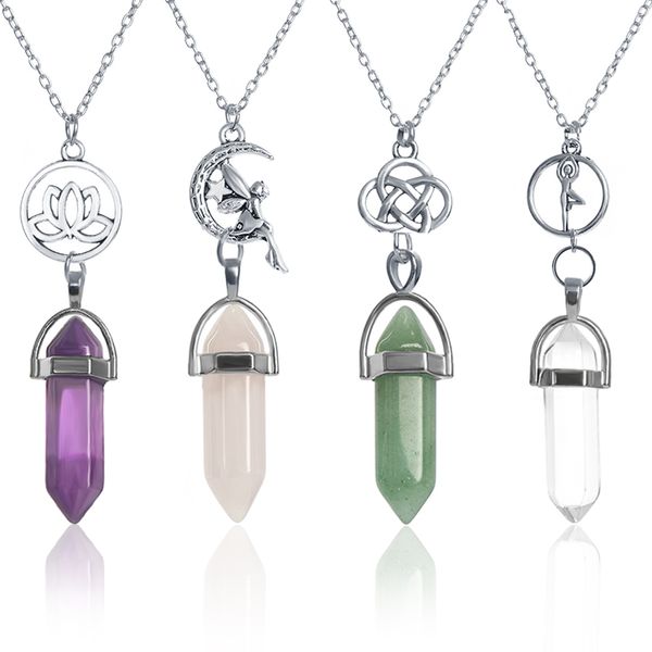 

fluorite necklace natural stone pendant quartz hexagonal point pendulum column reiki healing chakra necklaces jewelry, Silver