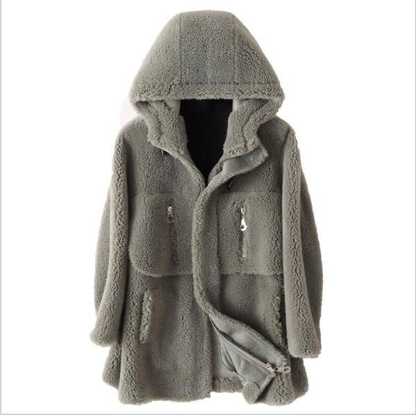 

fashion coats woman 2019 winter lamb sheepskin cashmere coat loose body mid-length faux fur coat with hood, Black