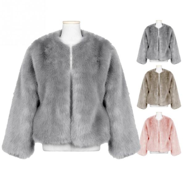 

fashion faux fur jacket winter warm soft women fluffy collarless solid color fur coat long sleeve outwear teddy casual overcoat, Black