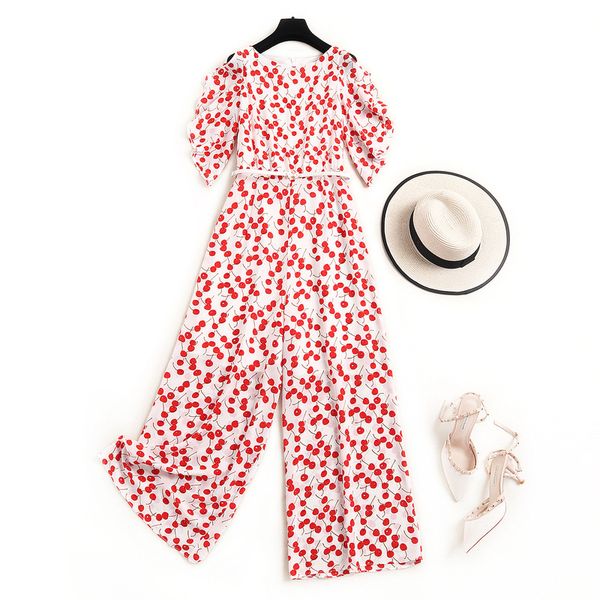 

2020 summer fashion off shoulder stitching ruffles sleeve temperament cherry printed belt chiffon rompers womens jumpsuit, Black;white