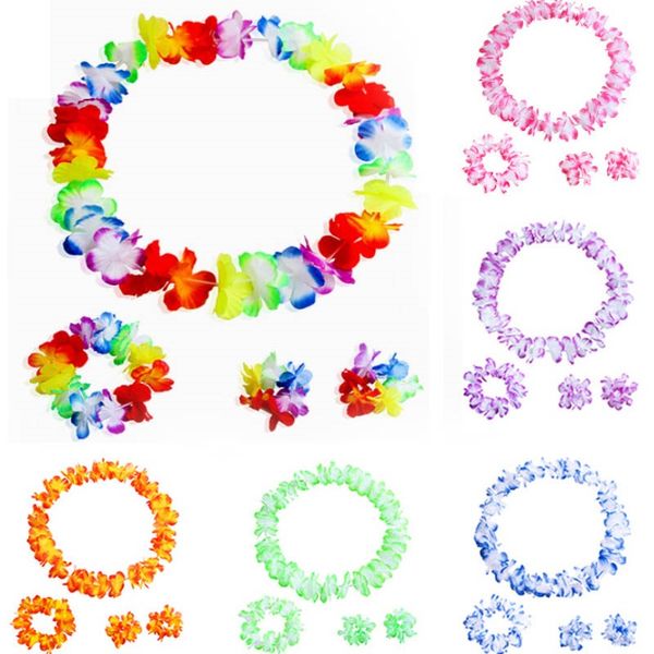 

hawaiian flowers wreath tropical flower garland necklace bracelets headband set kids beach costume party decorations an1983