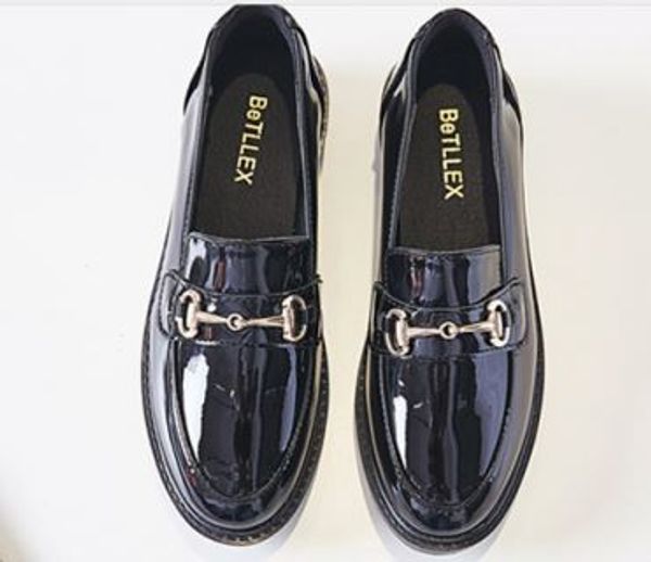 

34-41 womens patent shoes chains buckle flats low heel work boot college footwear oxford loafers zy781, Black