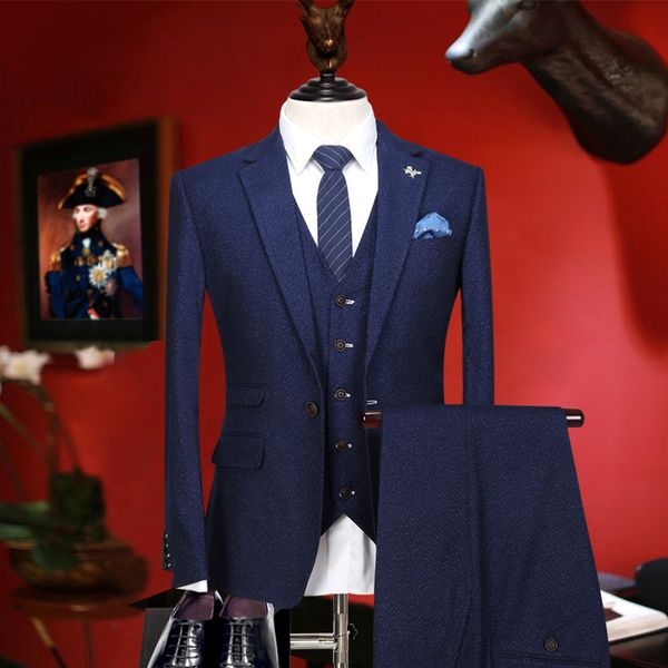 

men suit thicken warm retro blue wedding groom wear fashion suits set 3 pieces blazer vest pant single breasted tuxedo slim fit, White;black