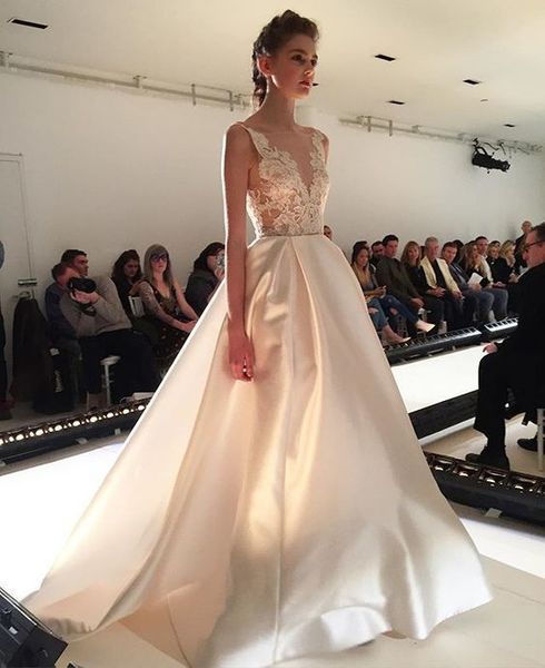Famous Design A Line Scoop Wedding Dresses Sweep Train Satin Lace