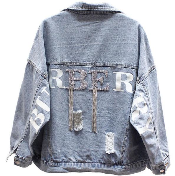 

spring letter diamond chain loose cowboy coat girls lady holes denim jacket womens jean jackets outwear students streetwear, Black;brown