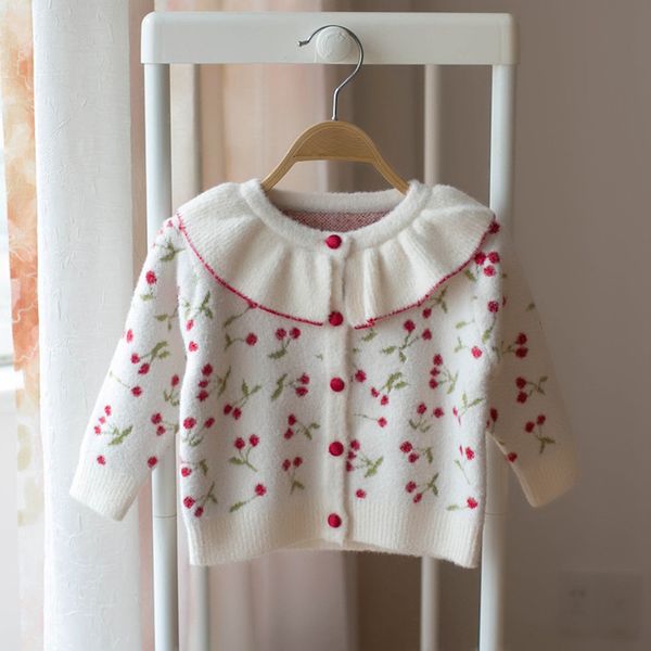

autumn new items cherry knitted toddlers kids cardigan sweaters ruched collar cute children clothes baby girls sweater, Blue
