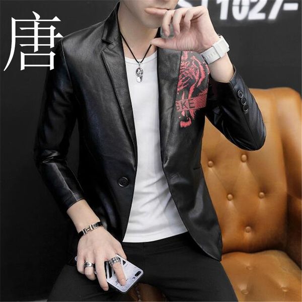 

business leisure jacket new brand fashion pu suit jacket in spring autumn of 2019 a button tiger printed pu leather, Black