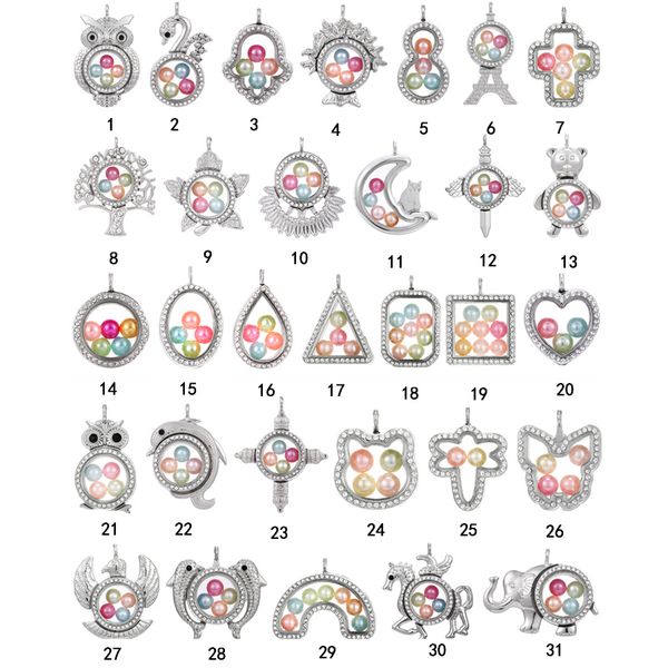 

fashion big pearl cage locket pendant necklace for women elephant cross owl tree living memory beads glass magnetic floating charm, Silver
