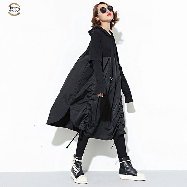 

2019 new spring hooded long sleeve drawstring black fold split joint loose long dress women fashion tide jd07601, Black;gray