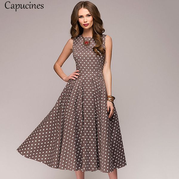 

capucines elegant vintage dot printing a-line dress women summer sleeveless o-neck mid-calf casual dress female vestidos, Black;pink