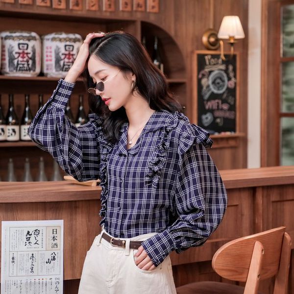 

2019 women shirts puff sleeve plaid in fabric navy and name agaric side wind blouse shirt purplish blue 2236, White