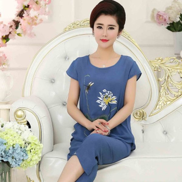 

women's pajamas set ladies short-sleeved mother's casual chrysanthemum print plus size home clothes sleep suit pajamas set, Black;red