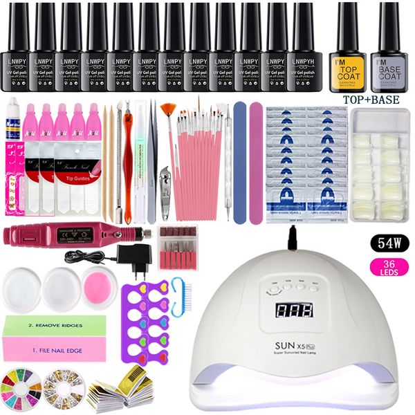

full manicure set with lamp nail set 36/48/54w uv led lamp for nail art sets 12pcs 8ml uv gel polish tools for manicure