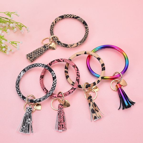 

women girl large circle round pu leather leopard bangle bracelet long tassel heart charm key chain rings multifunctional jewelry, Black