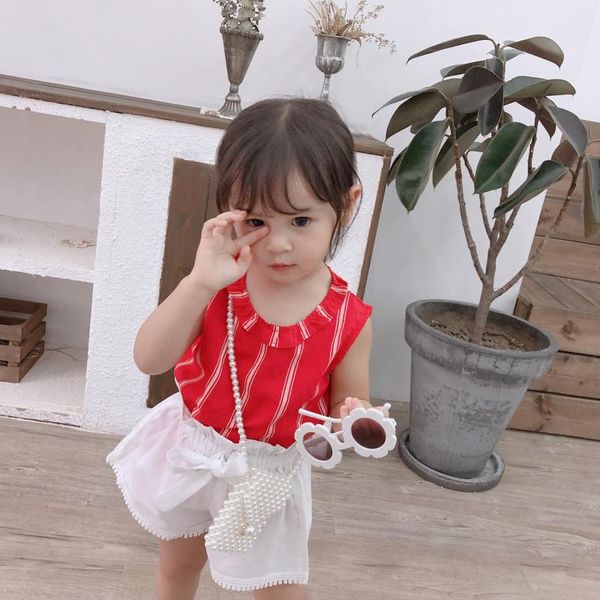 

small big brand 2019 summer new style children's shirt korean-style girls vertical striped lace-up sleeveless shirt, Blue