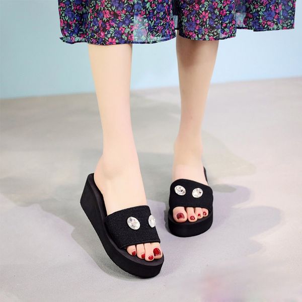 

women open toe breathable beach sandals women pearl drill wedge slides home bathroom beach flip flops shoes slippers#y4, Black