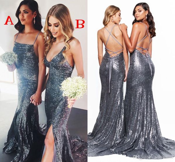 

2019 backless sequined silver mermaid bridesmaid dresses spaghetti strap criss cross wedding guest party evening prom gowns, White;pink
