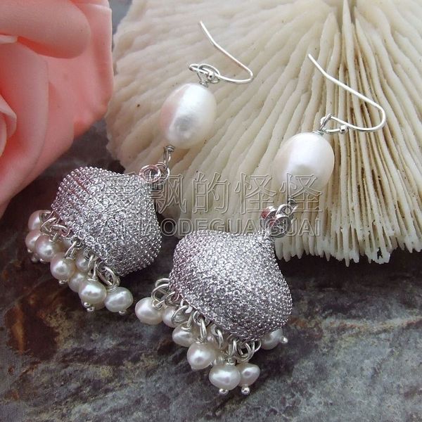 

e082515 white pearl earrings cz fitting, Silver