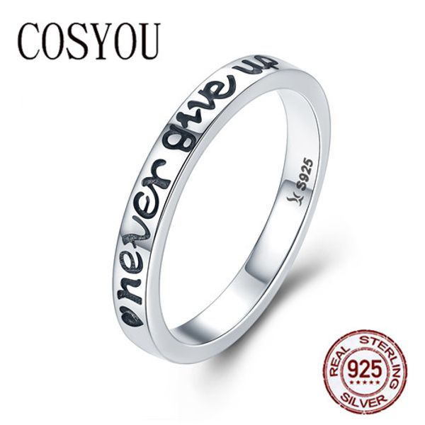 

cosyou 2019 100% 925 sterling silver never give up letter alphabet ring women luxury sterling silver jewelry s925 scr204, Golden;silver