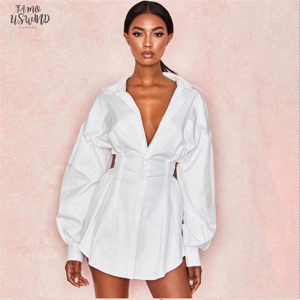 

2020 autumn fashion women solid shirts dress high street long puff sleeve v neck mini dress lady defined waist shirt tunic dress, Black;gray