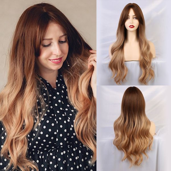 

blonde unicorn synthetic natural wave long hair wigs with side bangs dark root ombre brown party wig for white women 8 colors, Black