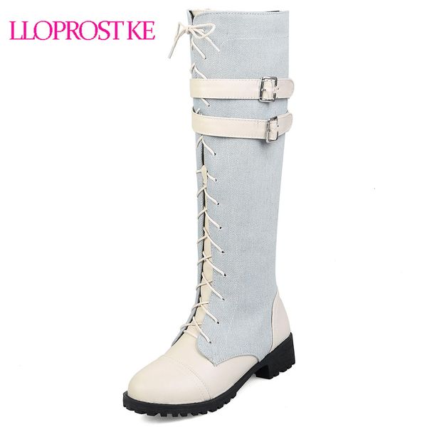 

lloprost ke new autumn winter shoes women denim knee high boots platform low heel lace up woman shoes botas mujer, Black