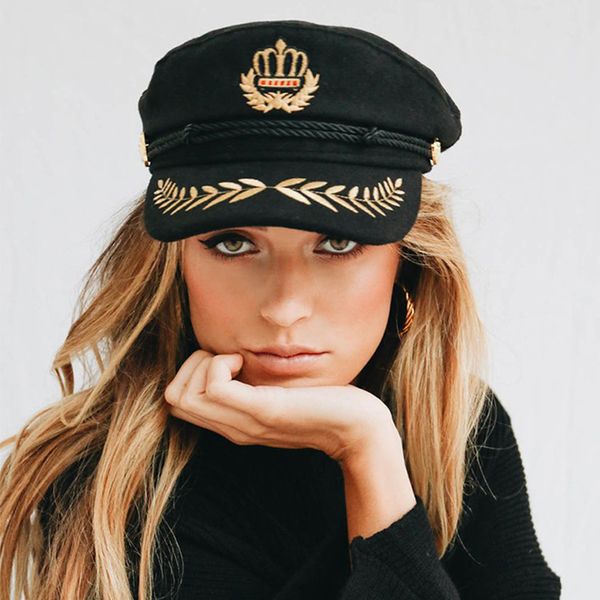 

high street fashion 2019 black hat women casual gold embroidery rope flat cap summer autumn festivals outfit 90s girls beret hat, Blue;gray