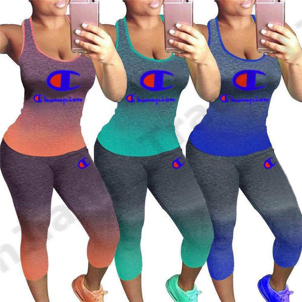 

Gradient color champion letter track uit 2019 women leevele outfit tank ve t tight legging pant ummer port wear jogger et