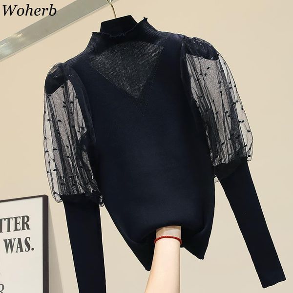 

woherb korean fashion turtleneck lantern sleeve shirts patchwork see through slim blouse black white elegant new 91537, White;black