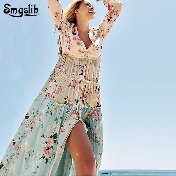 

2019 лета женской партии платье богемской элегантный вадим шеин vestidos v-образный вырез печать а-линия оборки puff рукав шифон длинное пла, Black;pink