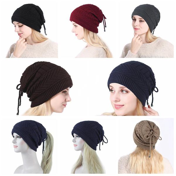 Dupla Finalidade Rabo De Cavalo Gorro Gorros Inverno Mulheres Chapéu De Malha De Lã Quente horsetai Skull Beanie Sólida Crochet Ski Caps Ao Ar Livre cachecóis