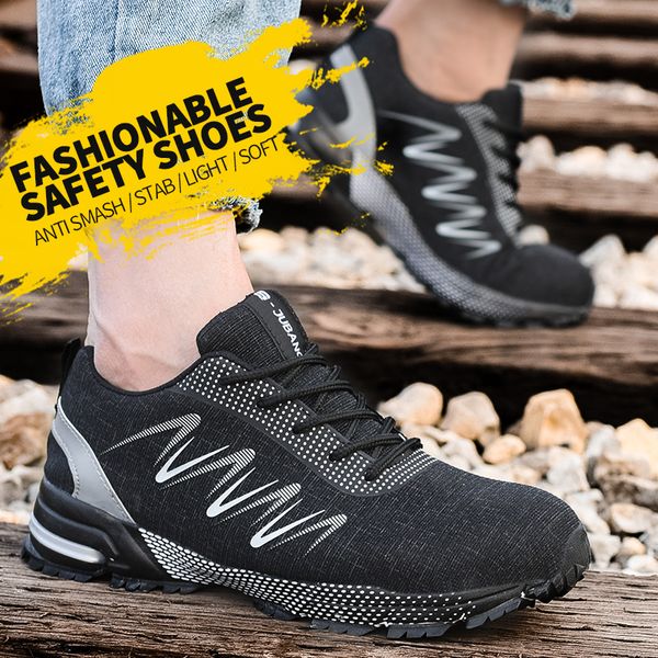 

heflashor lightweight safe shoes men steel toe anti-crush anti-piercing breathable wear-resistance work excellent grip sneakers, Black