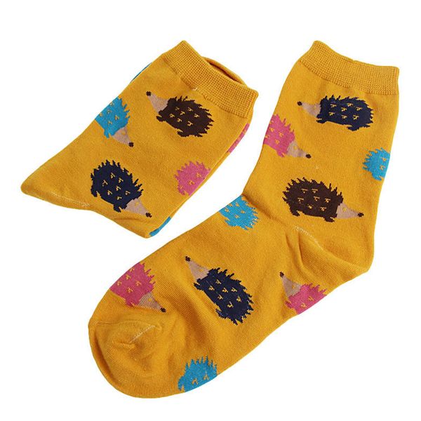 

1 pair new women autumn winter warm soft cotton socks cartoon hedgehog pattern casual elastic crew socks tube socks, Black;white