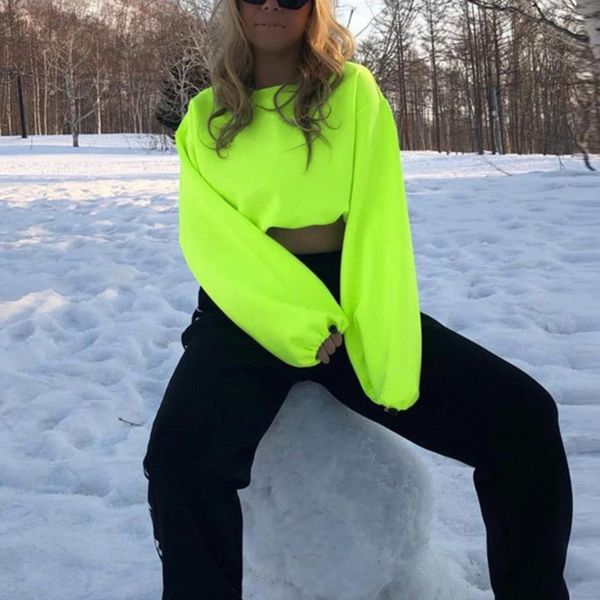 

women oversized hoodies jumper neon green solid sweatshirt female casual cropped 2019 autumn harajuku loose pullover, Black