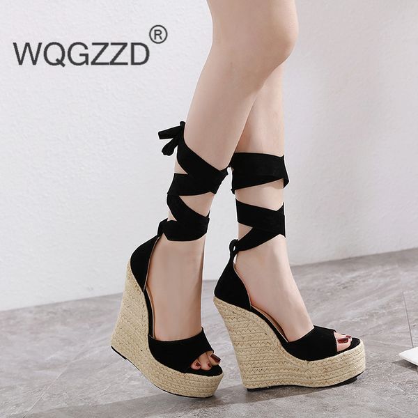 

summer wedges gladiator sandals women high heels cross strap women sandals platform ladies, Black