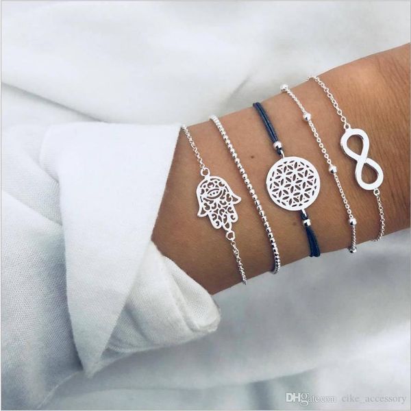 

bracelet set 5pcs/set bead chain bead strands hollow-out hand round disc 8 charm silver color plated metal chain string, Golden;silver