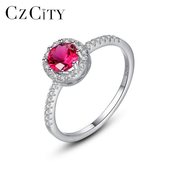 

czcity 100% 925 sterling silver engagement red gemstone rings for women girls wedding party finger rings fine jewelry sr0324, Golden;silver