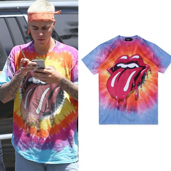 

Hip Hop Fear Of God Justin Bieber Oversize T Shirt Skateboard Cool T Shirt FOG Men And Women Cotton Tie dye Tongue Tee