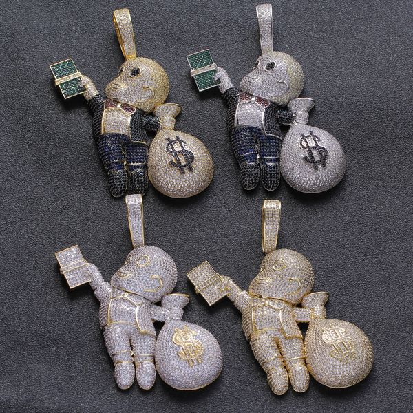 

luxury designer jewelry mens hiphop iced out pendant bling diamond big pendants cartoon mario money bag charm gold silver rapper accessories