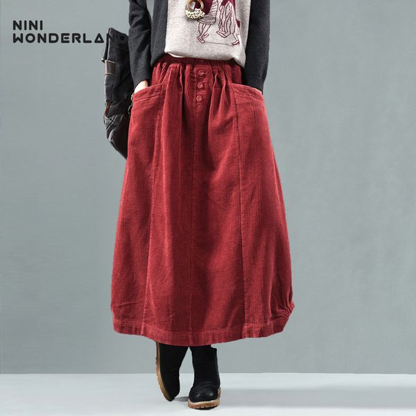 

nini wonderland 2019 autumn corduroy skirt women solid vintage long skirts female elastic waist a-line pleated skirt big size, Black;gray