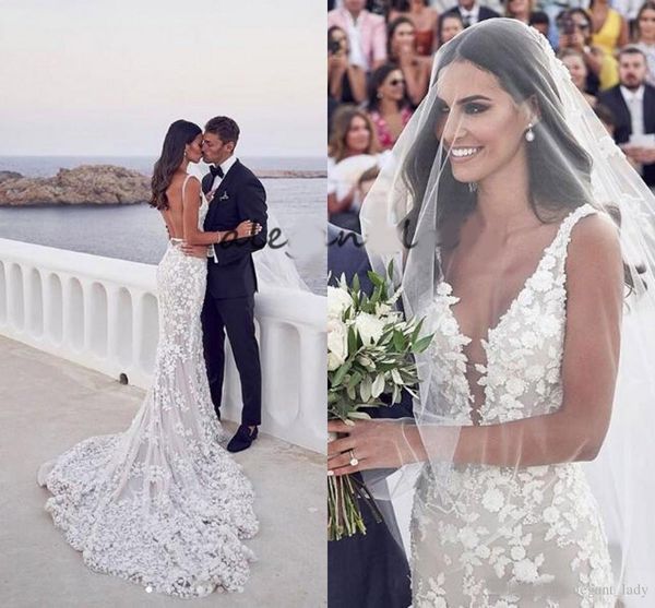 

backless mermaid beach wedding dresses 2019 v-neck 3d lace applique sweep trumpet steven khalil garden bridal wedding dress, White