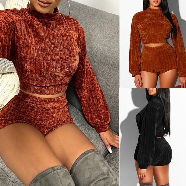 

women ladies fashion sets 2pcs crop long sleeve pullover short length sweatshirt +shorts solid sets