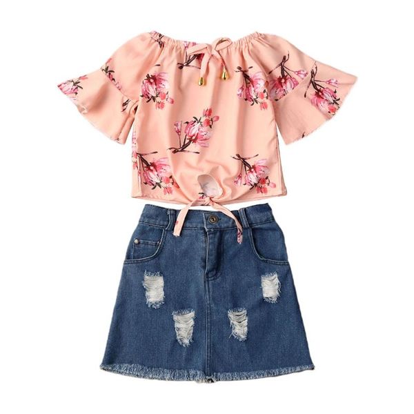 

2pcs children set flower baby girls short sleeve off shoulder denim ripped skirt outfits kids clothing sets, White