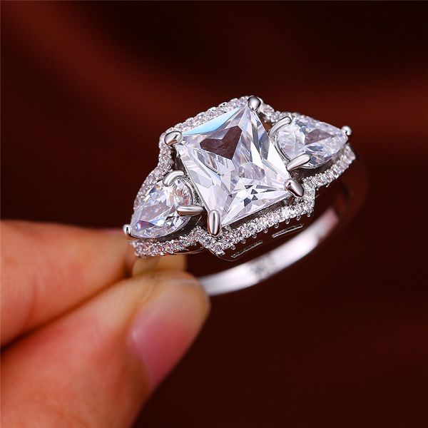 

female white square water drop ring 925 silver bridal engagement ring vintage wedding band rings for women, Golden;silver