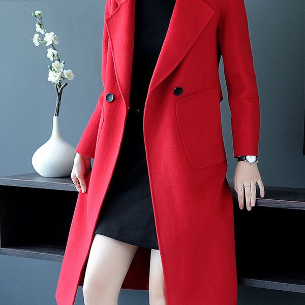 

long woolen blends cashmere coats for women 2019 autumn winter ladies jackets plus size overcoats red double sided fashion, Black