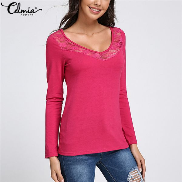 

celmia 2020 new women shirts long sleeve v neck hollow patchwork lace blouses stitching slim plain casual femininas, White