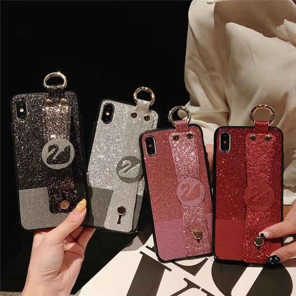 

one piece luxury phone case for iphone 6 7 8plus xr fashion glittering sequins designer phone case back cover with swan wristband