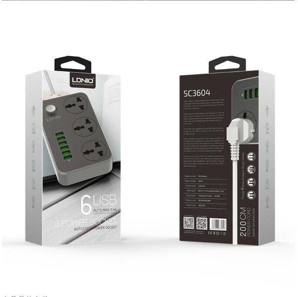 LDNIO SC3604 Smart 6 USB Charger carregador adaptador 5V 3.4A Aterramento Extensão Tomada EU / UK PLUG 17W