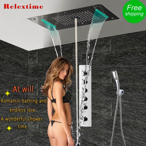 Büyük Akış Termostatik Gizli Duş Sistemi Mikseri LED Tavan Duş Başlığı Panel Lüks Banyo Yağmur Şelale Kabarcık Sisi